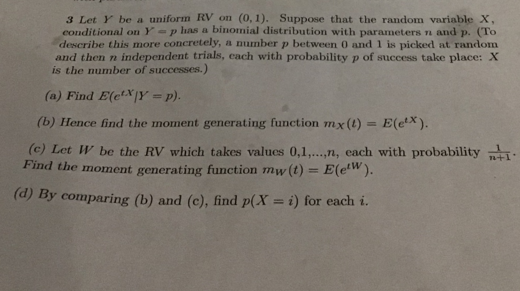 Solved 3 Let Y Be A Uniform Rv On 0 1 Suppose That The Chegg Com