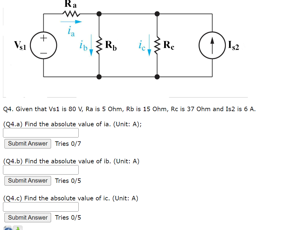 Solved Q4. Given That Vs1 Is 80 V,Ra Is 5Ohm,Rb Is 15Ohm,Rc | Chegg.com