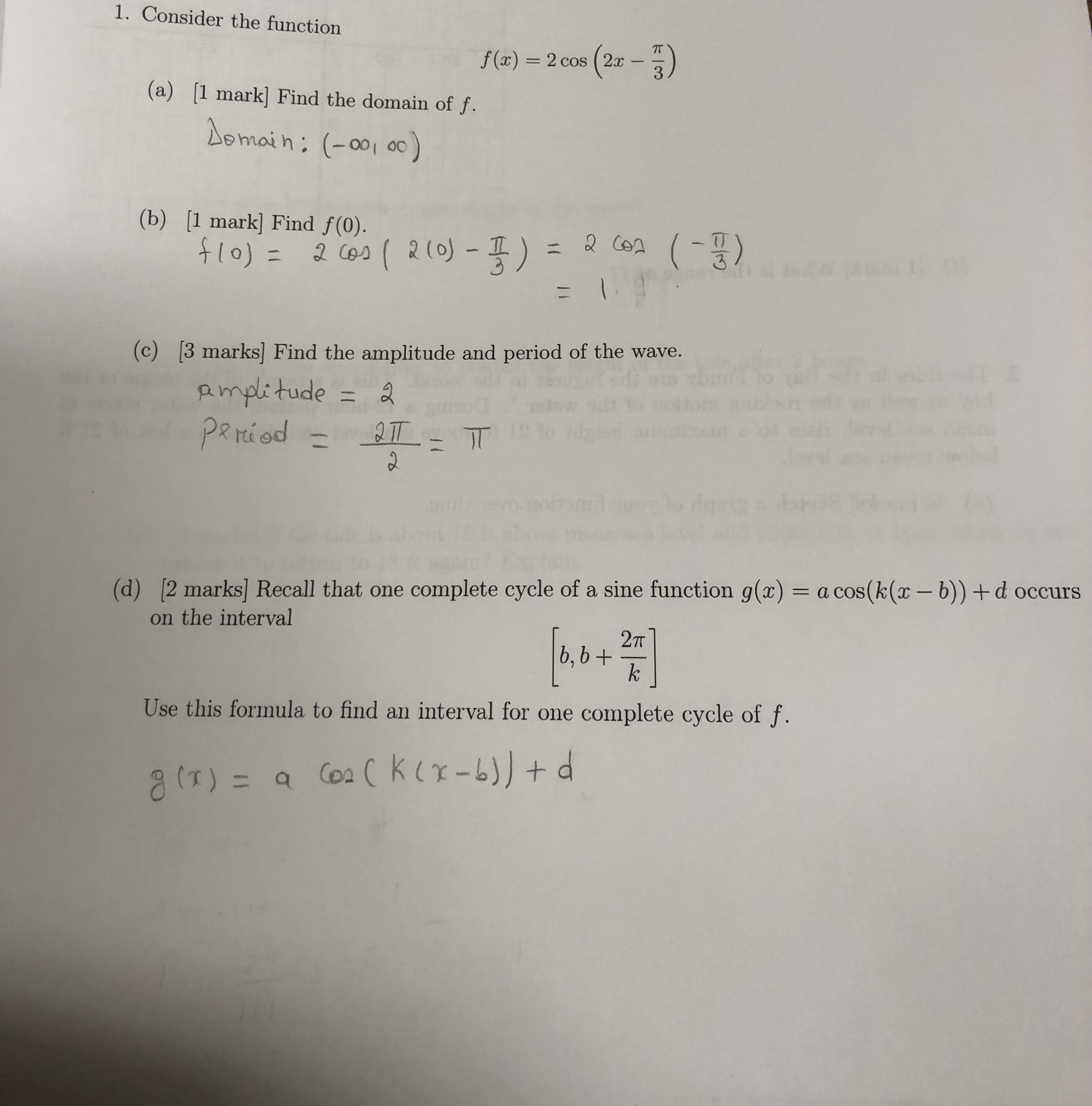 Solved Consider the functionf(x)=2cos(2x-π3)(a) ﻿ mark] | Chegg.com