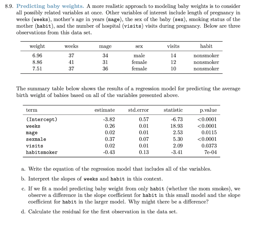 Solved 8.9. Predicting baby weights. A more realistic | Chegg.com