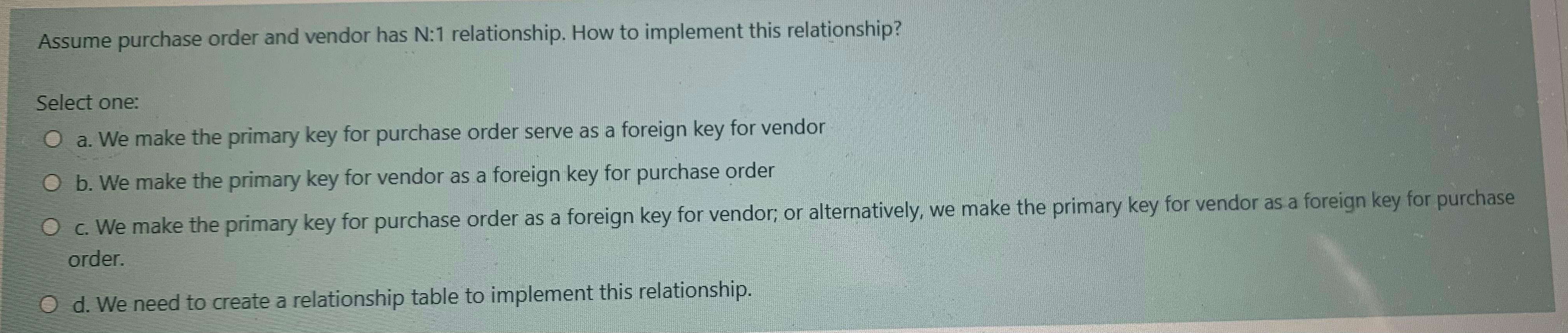 Solved Assume Purchase Order And Vendor Has N 1 Relations Chegg Com