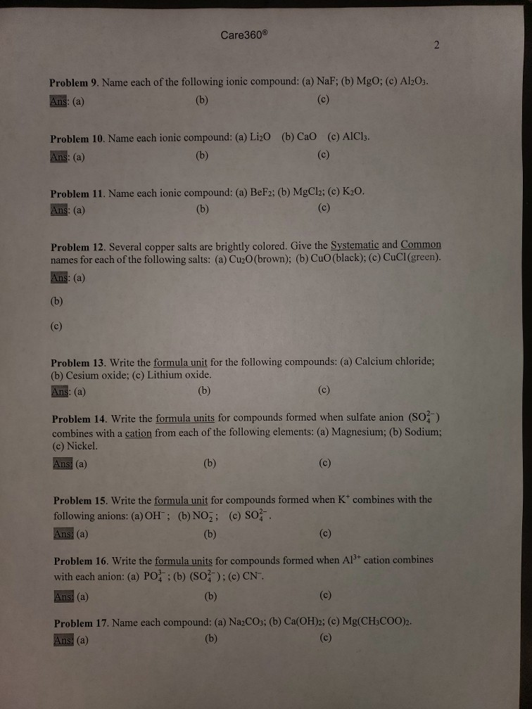 Solved Care360 Problem 9. Name each of the following ionic | Chegg.com