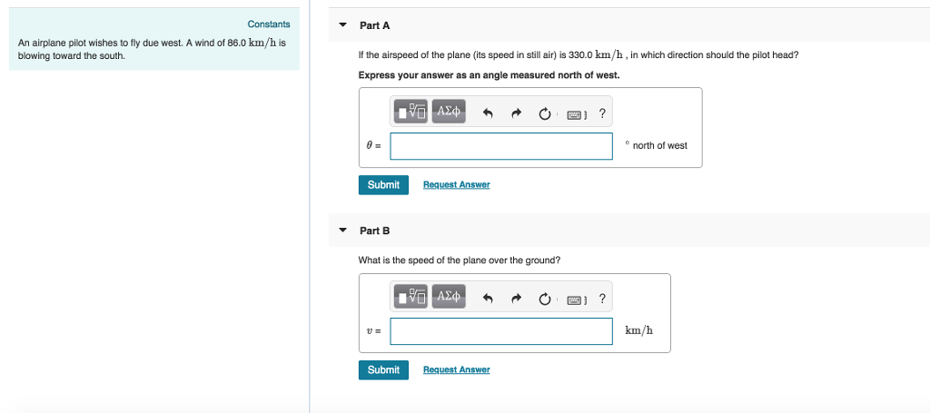 Solved Constants Part A An airplane pilot wishes to fly due | Chegg.com