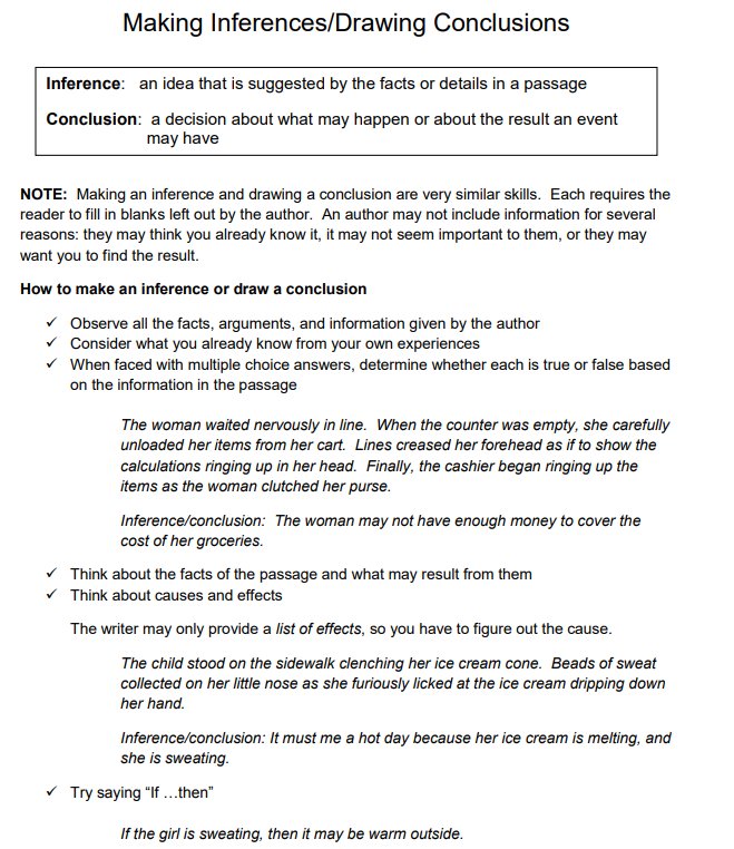 Making Inferences/Drawing Conclusions Inference: an | Chegg.com