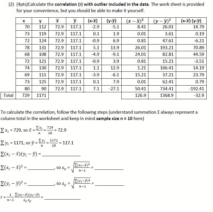 Solved (2) (4pts)Calculate the correlation (r) with outlier | Chegg.com