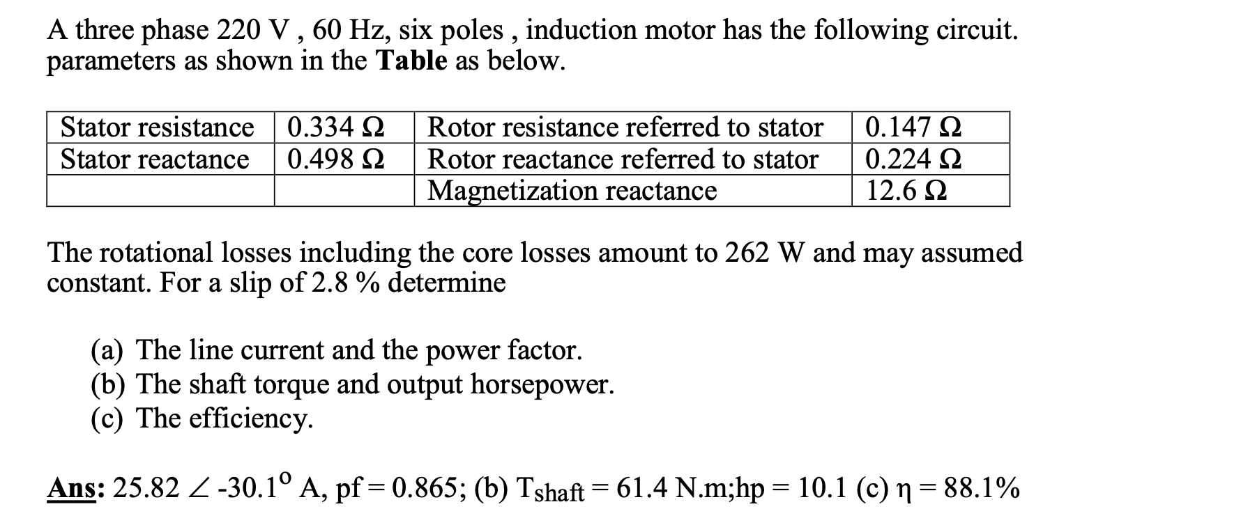 Solved A three phase 220 V, 60 Hz, six poles , induction | Chegg.com