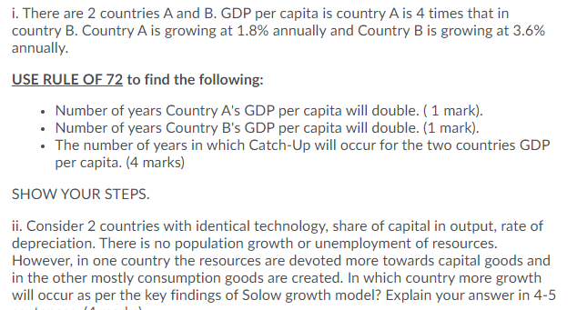 Solved I. There Are 2 Countries A And B. GDP Per Capita Is | Chegg.com