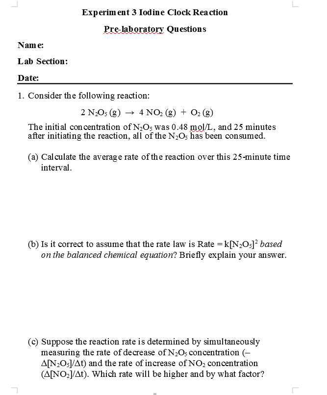 Solved Experiment 3 Iodine Clock Reaction Prelaboratory