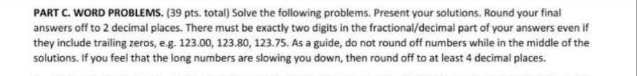Solved PART C. WORD PROBLEMS. (39 pts. total) Solve the | Chegg.com