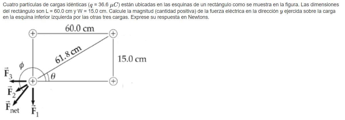 Cuatro partículas de cargas idénticas \( (q=36.6 \mu C) \) están ubicadas en las esquinas de un rectángulo como se muestra en