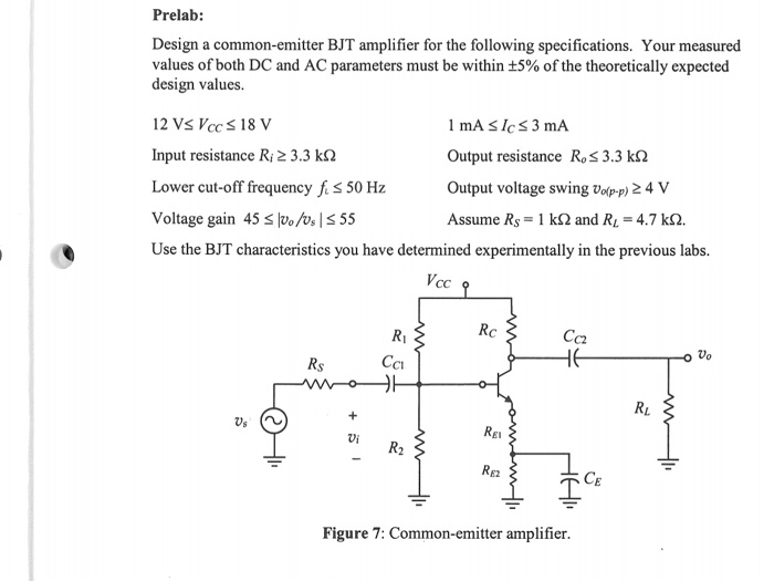 Solved Prelab: Design A Common-emitter BJT Amplifier For The | Chegg.com