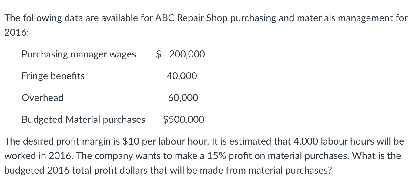 Solved The following data are available for ABC Repair Shop | Chegg.com