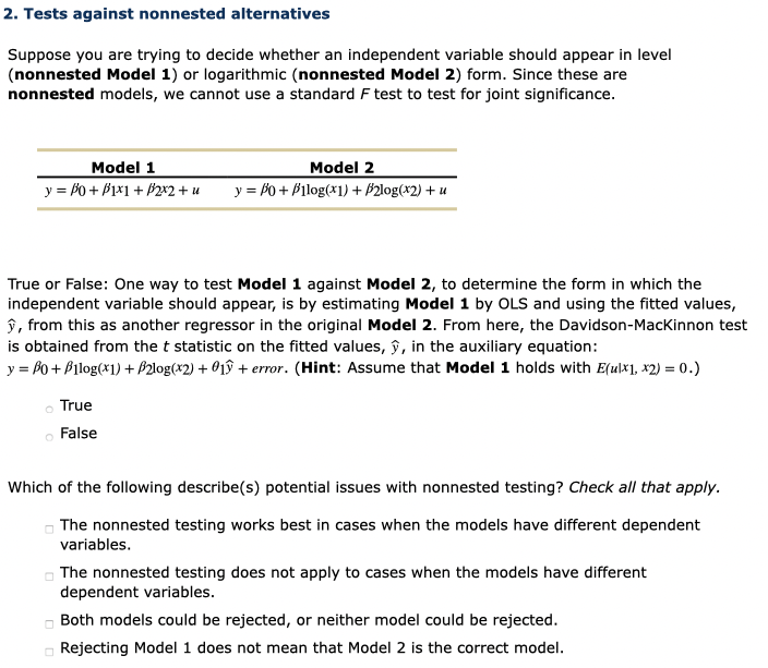 Solved 2. Tests against nonnested alternatives Suppose you | Chegg.com