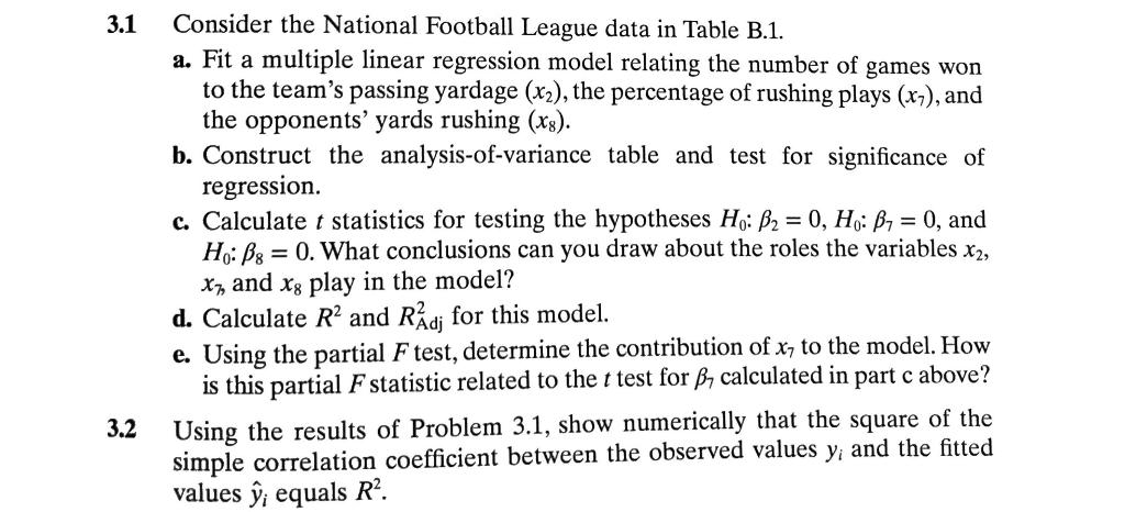 Solved 3.1 Consider the National Football League data in | Chegg.com