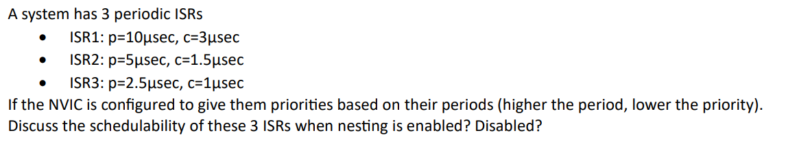 Solved A system has 3 periodic ISRs - ISR1: p=10μsec,c=3μsec | Chegg.com