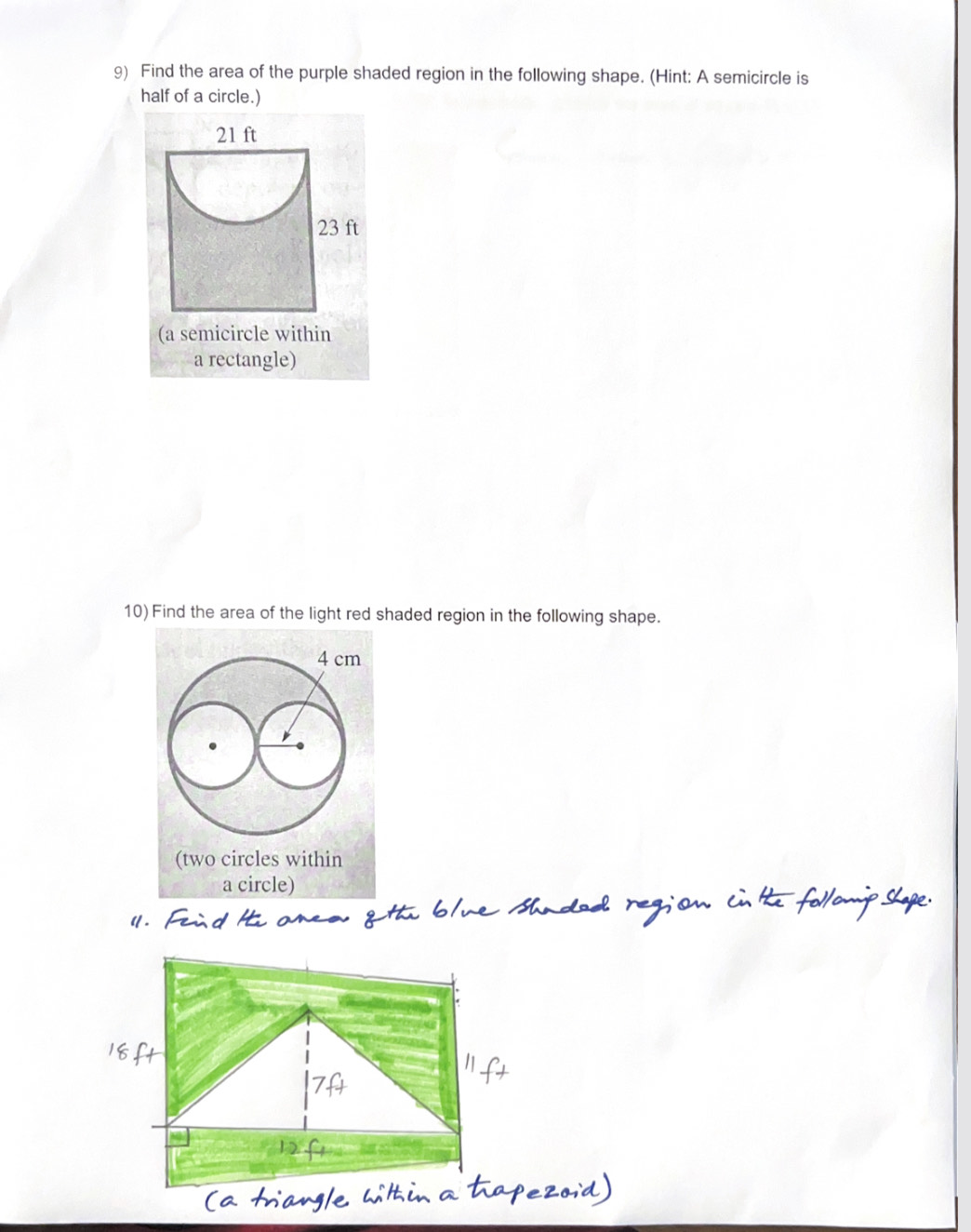 [Solved]: 9) Find the area of the purple shaded region in t