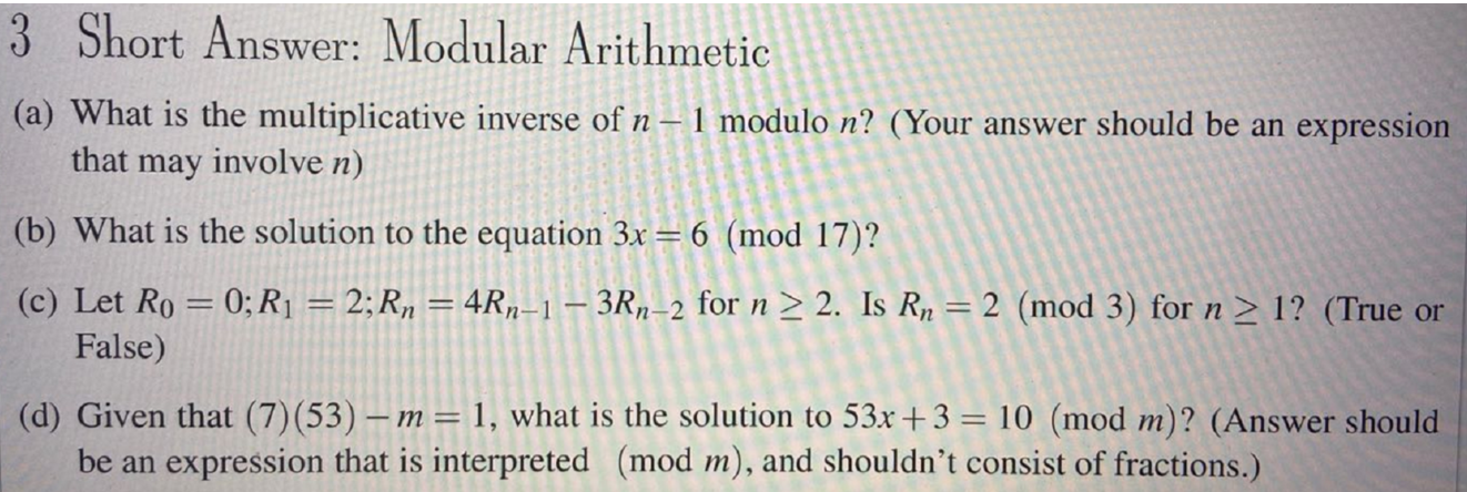 Solved 3 Short Answer: Modular Arithmetic (a) What is the | Chegg.com