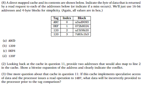 Solved (8) A direct mapped cache and its contents are shown | Chegg.com