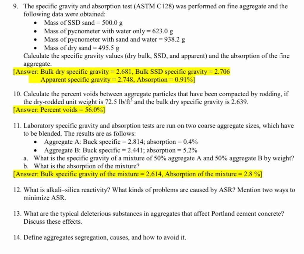 Solved 9. The specific gravity and absorption test (ASTM