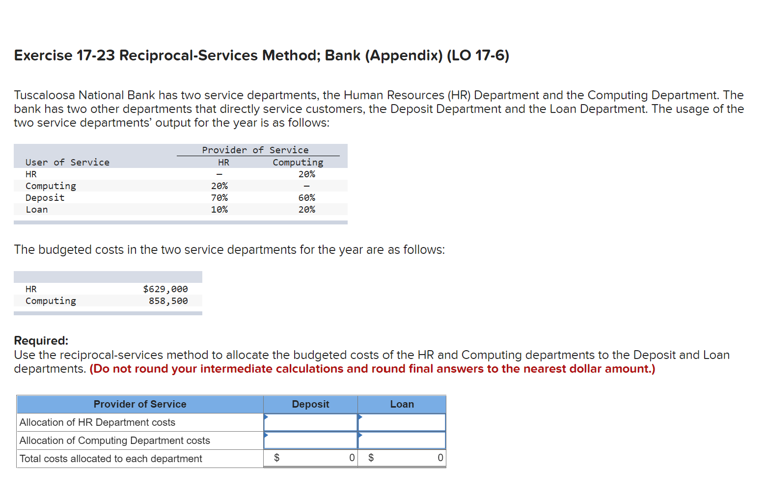 Solved Exercise 17-23 Reciprocal-Services Method; Bank | Chegg.com