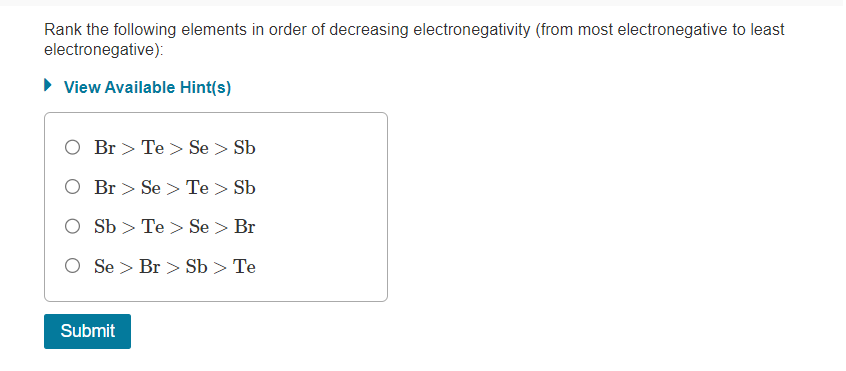 Rank the following elements in order of decreasing electronegativity (from most electronegative to least electronegative):
Vi