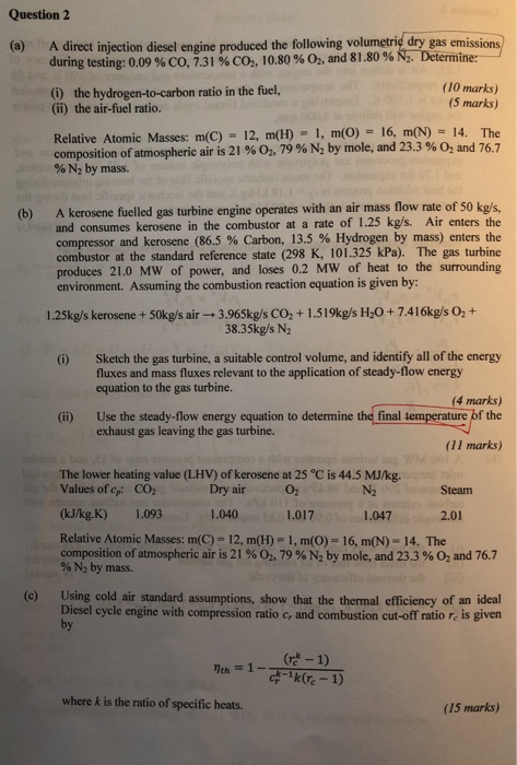 Solved Question 2 (a) A direct injection diesel engine | Chegg.com
