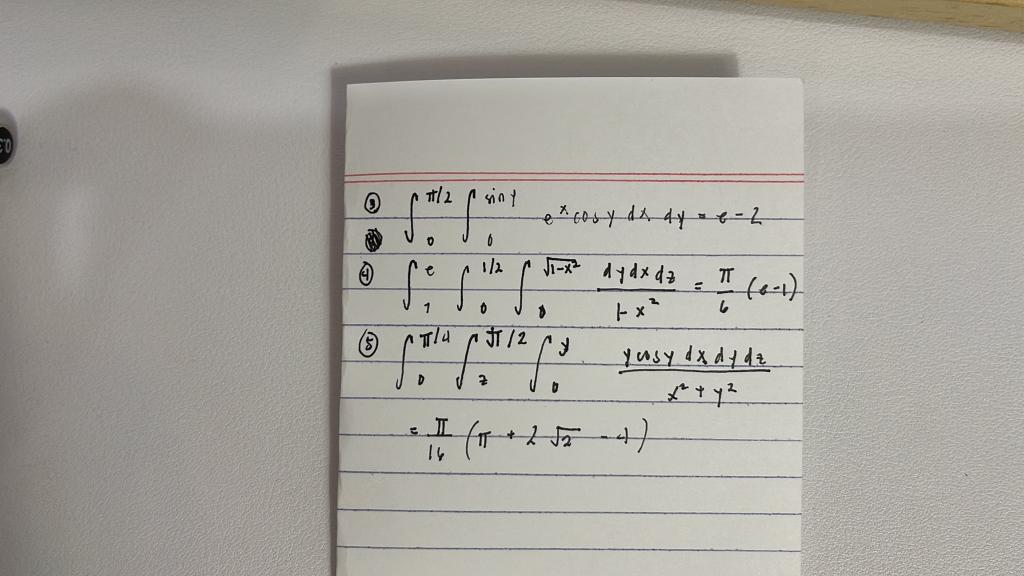 (3) \( \int_{0}^{\pi / 2} \int_{0}^{\sin y} e^{x} \cos y d x d y=e-2 \) (4) \( \int_{1}^{e} \int_{0}^{1 / 2} \int_{0}^{\sqrt{