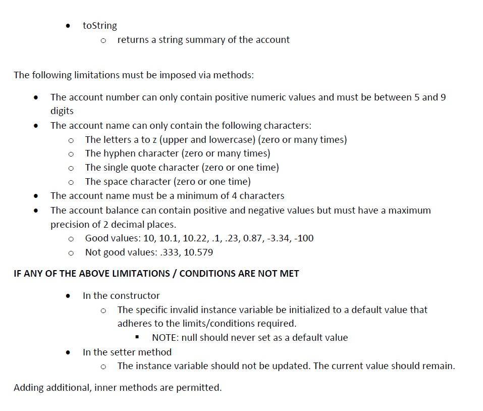 Solved Account Class Create the necessary instance | Chegg.com