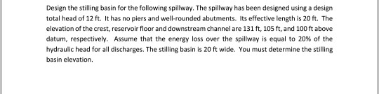 Solved Design the stilling basin for the following | Chegg.com