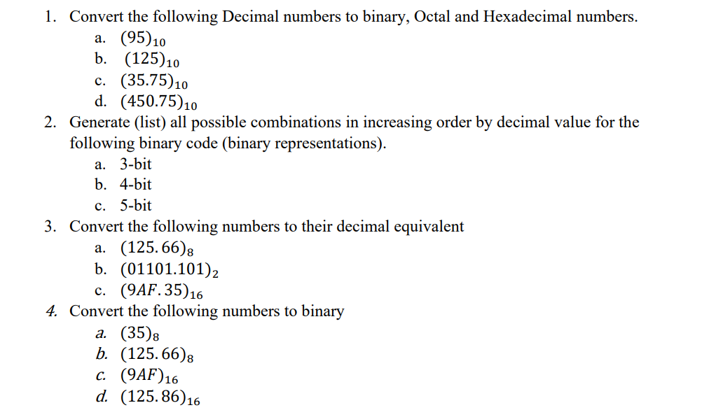 Solved 1. Convert The Following Decimal Numbers To Binary, | Chegg.com