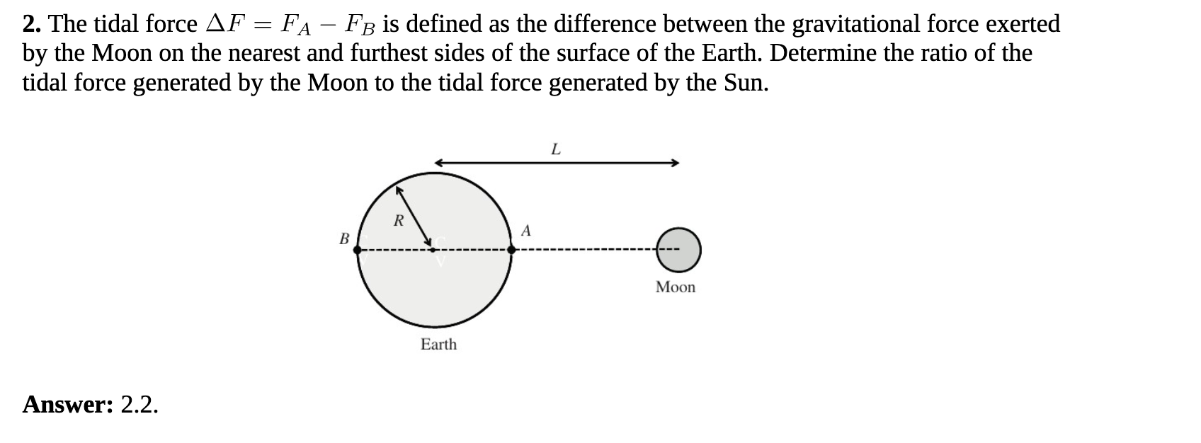 2. The tidal force \( \Delta F=F_{A}-F_{B} \) is defined as the difference between the gravitational force exerted by the Moo