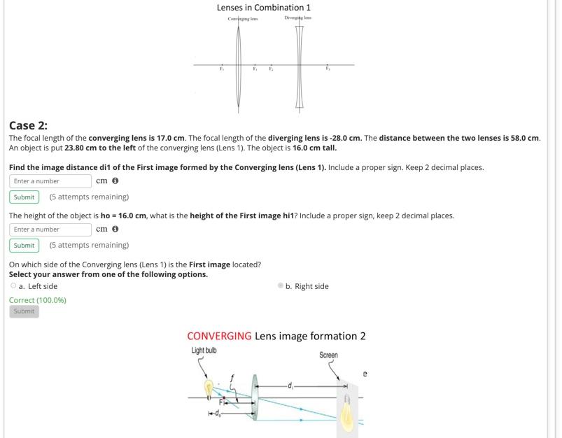 Solved Lenses in Combination 1 Case 2: The focal length of | Chegg.com