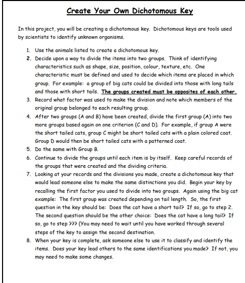 create your own dichotomous key assignment