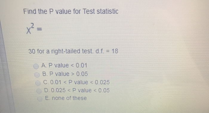 Solved find the p value for the test statistic x2 = 30 for a | Chegg.com