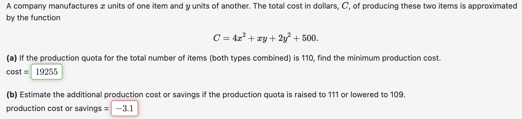 Solved A company manufactures x units of one item and y | Chegg.com