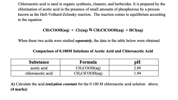 Solved Chloroacetic Acid Is Used In Organic Synthesis Chegg Com   Php86qDHc