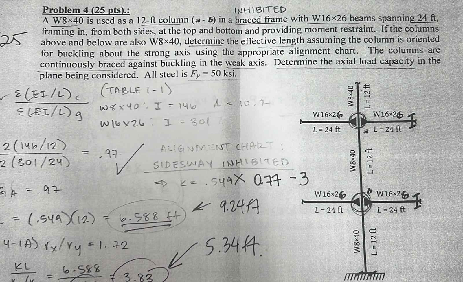 Problem 4 ( 25 pts).:
INHIBITED
A W8 \( \times 40 \) is used as a \( 12-\mathrm{ft} \) column \( (a-b) \) in a braced frame w