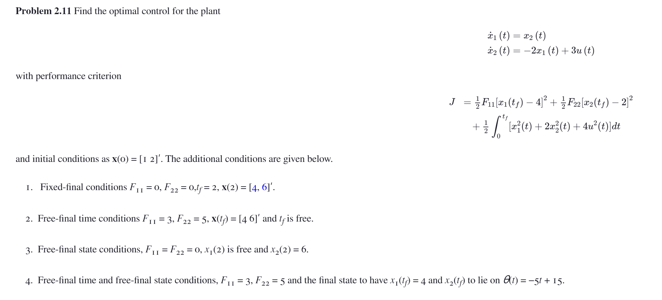Problem 2.11 Find the optimal control for the plant | Chegg.com