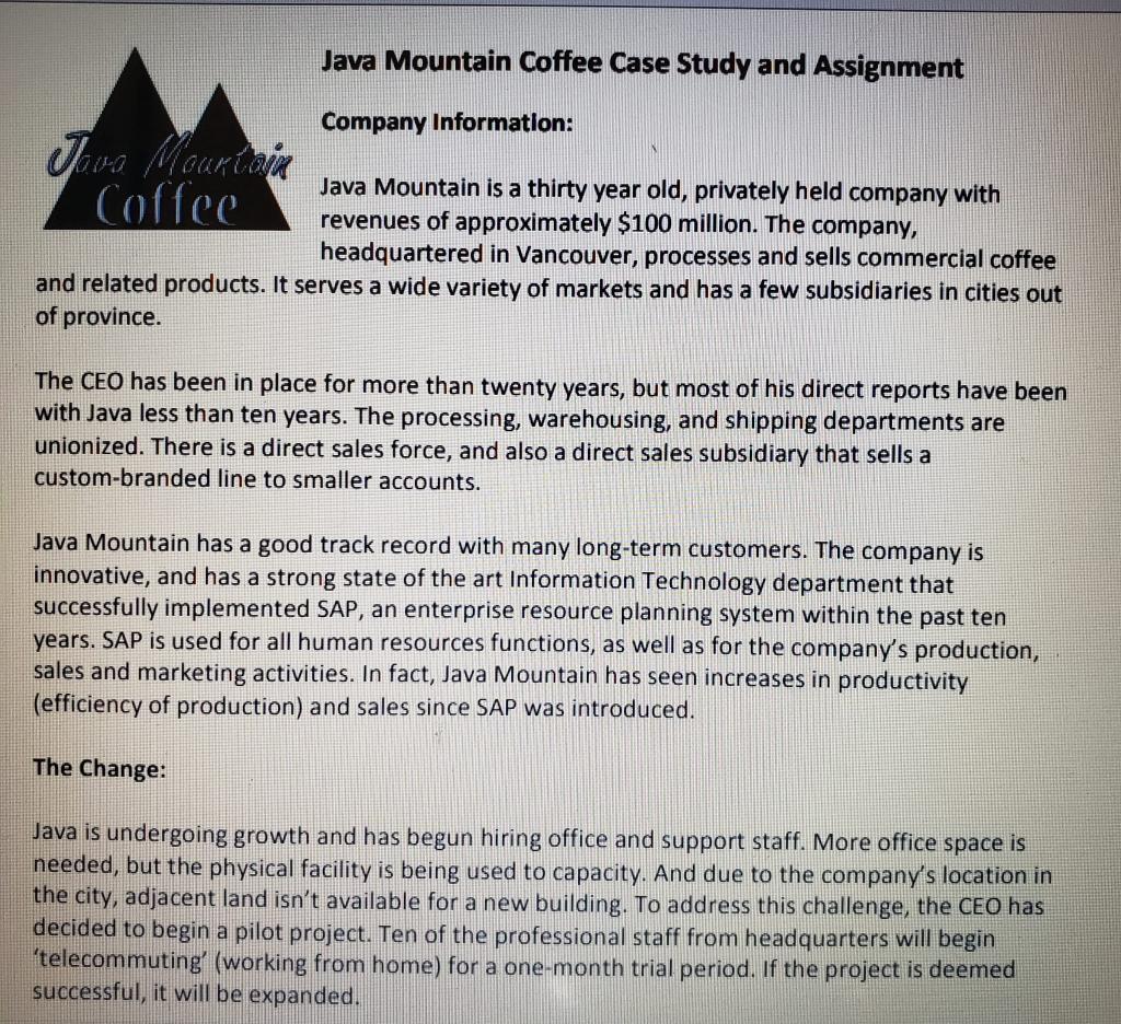 Solved Java Mountain Coffee Case Study and Assignment | Chegg.com