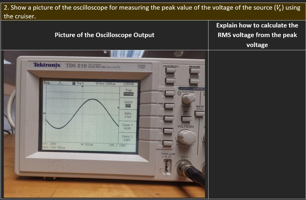 Solved 2. Show a picture of the oscilloscope for measuring | Chegg.com