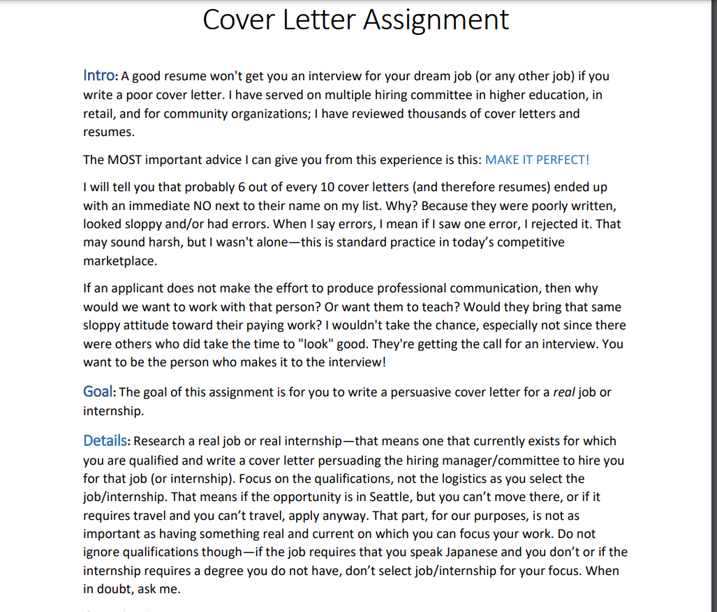 Solved Cover Letter Assignment Intro: A good resume won't | Chegg.com, image size:1027x877