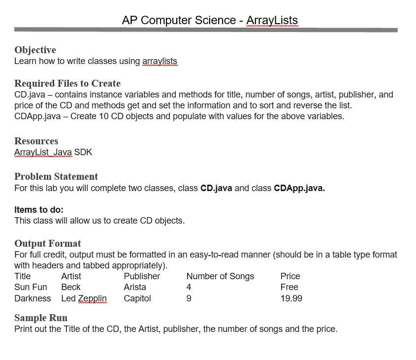 Solved AP Computer Science - ArrayLists Objective Learn how | Chegg.com