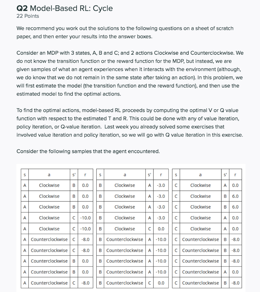 Q2 Model-Based RL: Cycle 22 Points We recommend you | Chegg.com