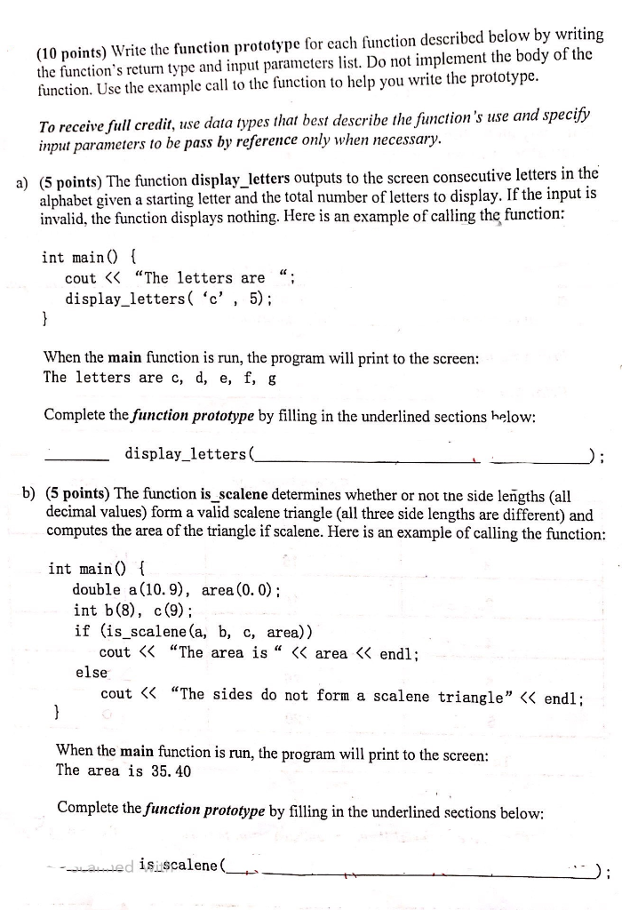 Solved (10 points) Write the function prototype for each | Chegg.com