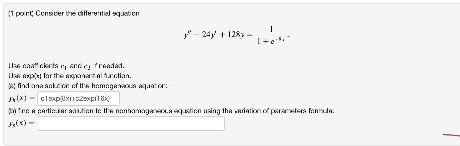 Solved (1 point) Consider the differential equation 1 y" - | Chegg.com