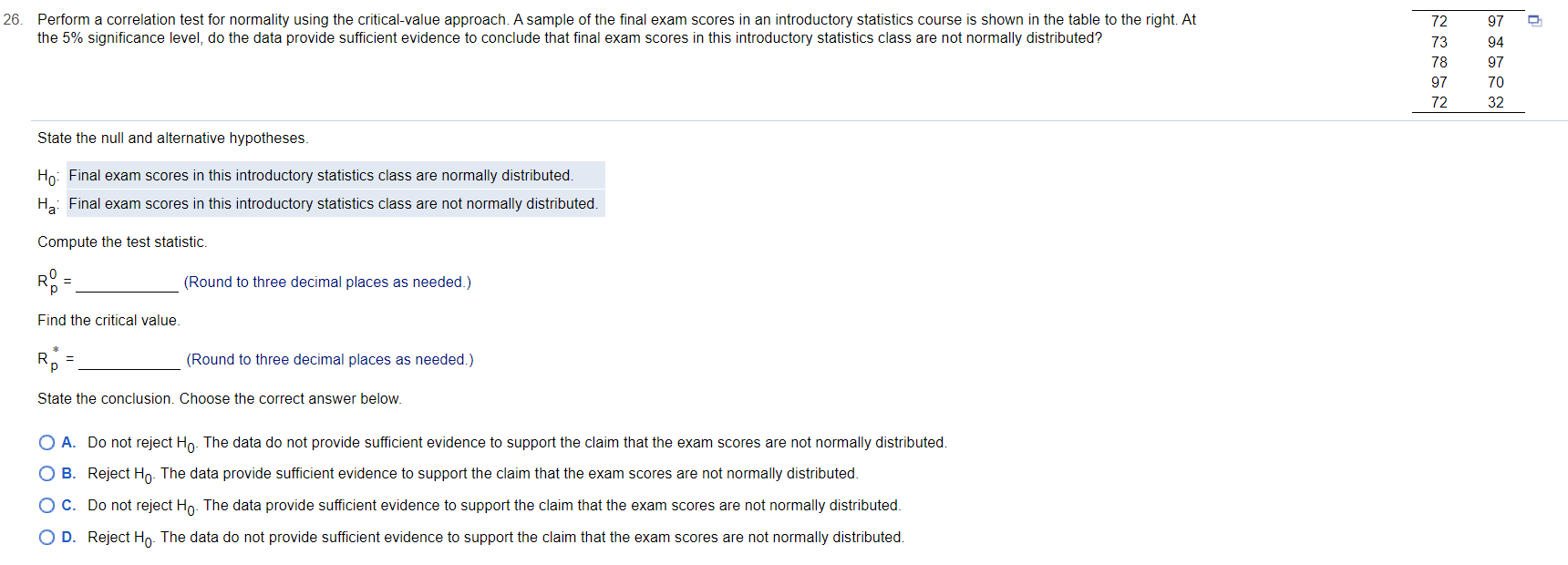 Solved 97 26. Perform a correlation test for normality using | Chegg.com