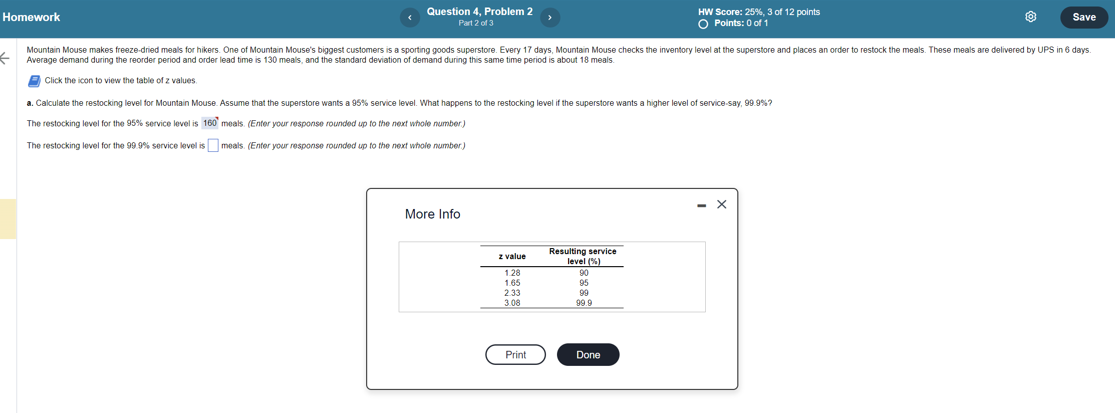 Click the icon to view the table of z values.
The restocking level for the \( 95 \% \) service level is 160 meals. (Enter you