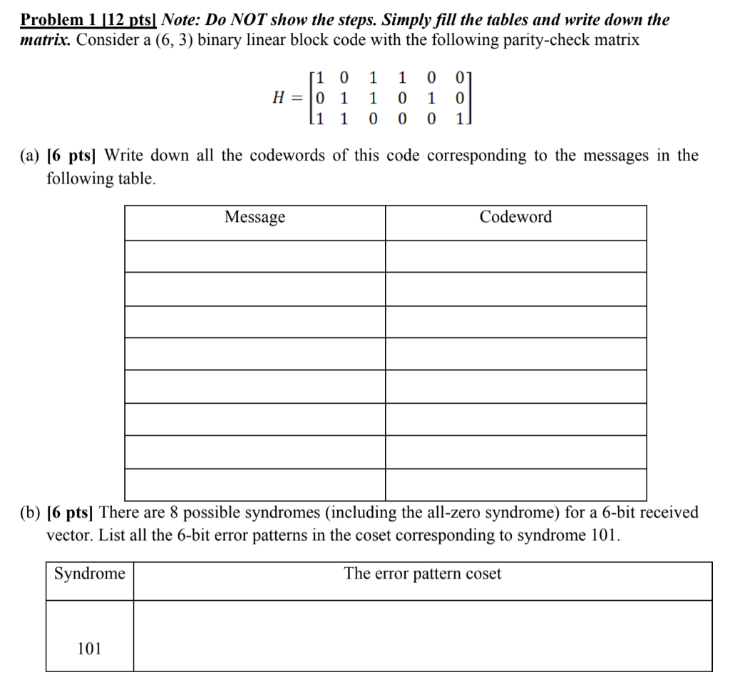 Solved Problem 1 [12 pts] Note: Do NOT show the steps. | Chegg.com
