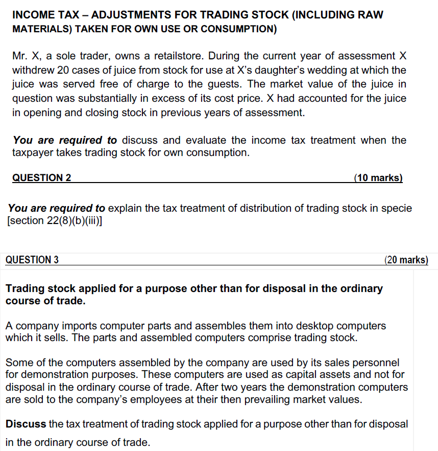 Solved INCOME TAX - ADJUSTMENTS FOR TRADING STOCK (INCLUDING 
