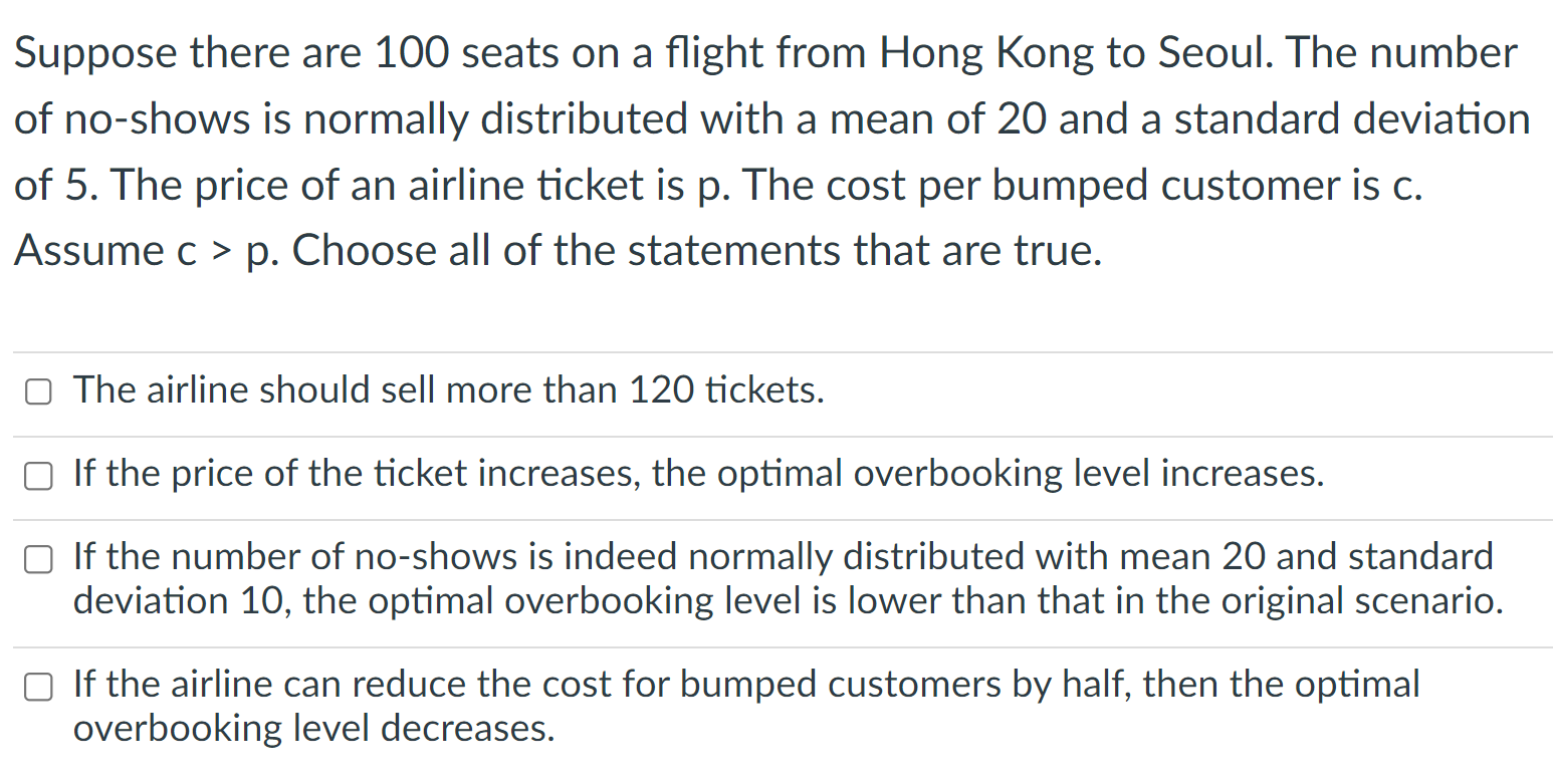 Suppose There Are 100 Seats On A Flight From Hong Kong To Seoul The 